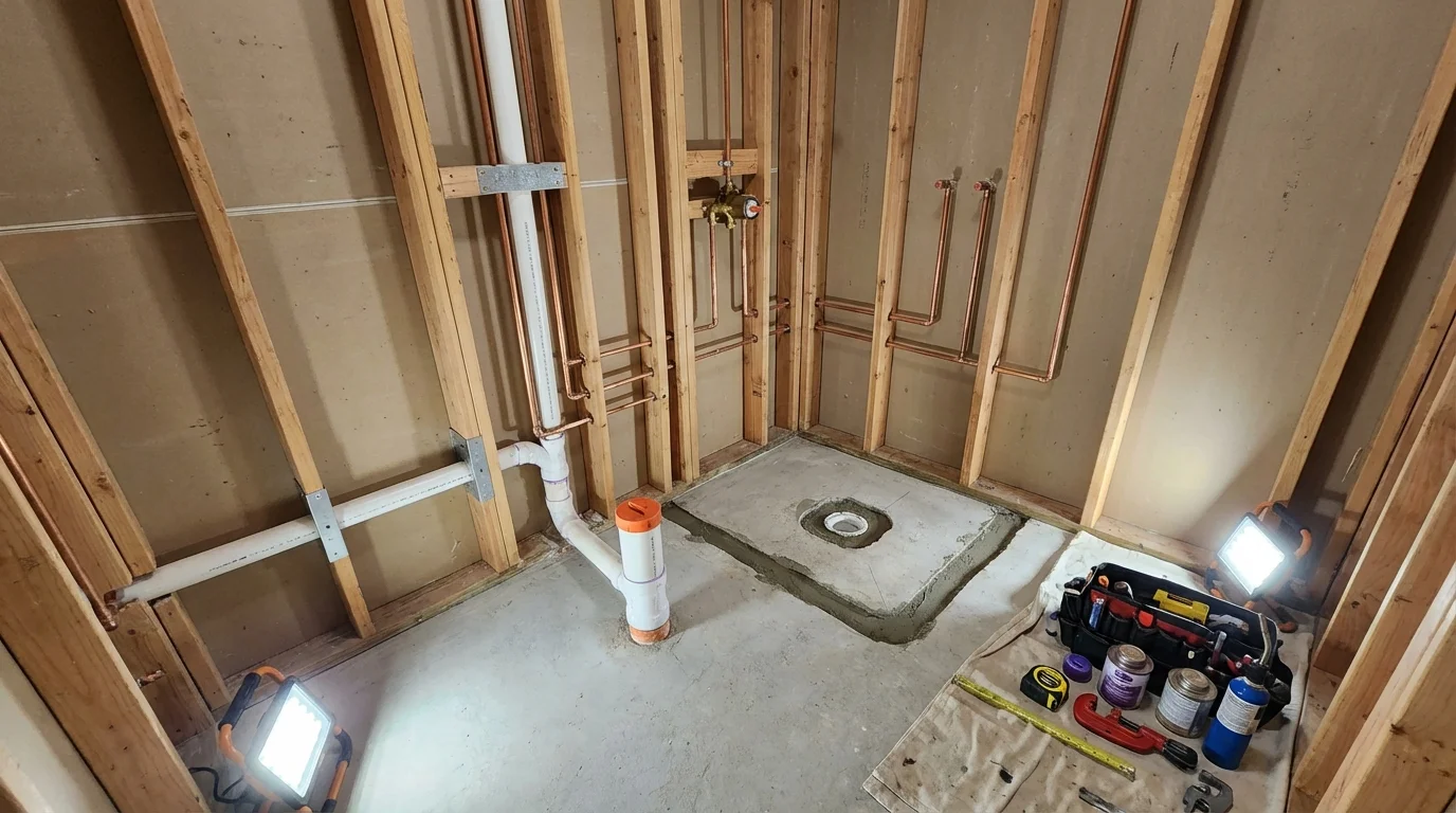 Bathroom rough-in plumbing during remodel by Johns Plumbing LLC in Urbana