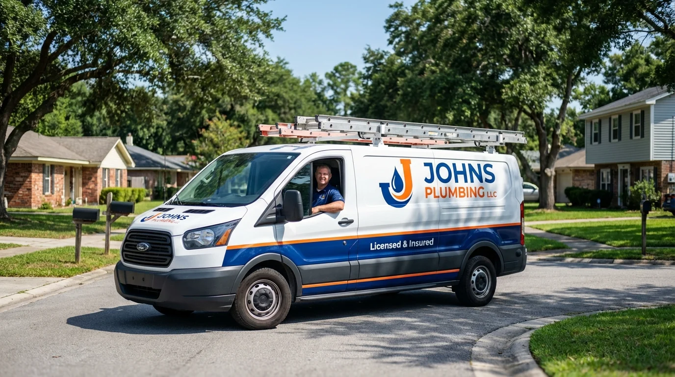 Johns Plumbing LLC service van in Urbana, IA
