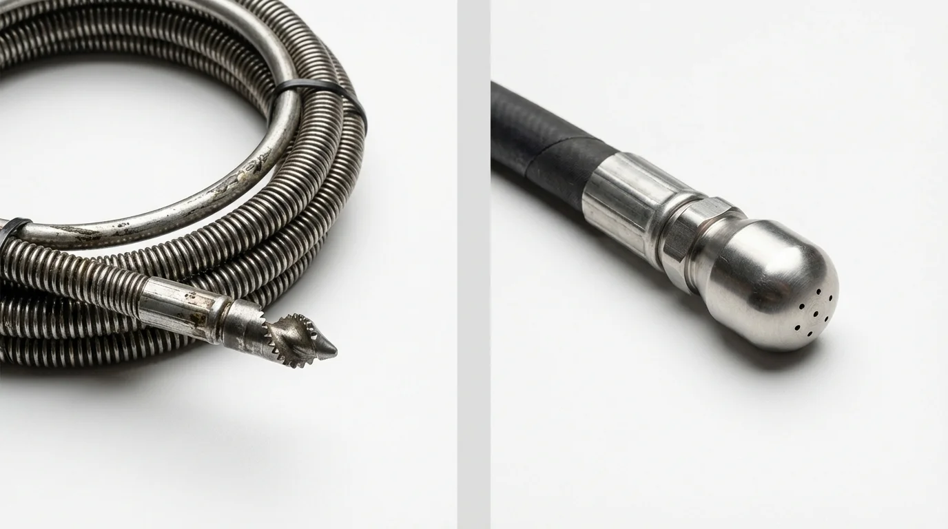 Drain snake cable and hydro jetting nozzle used for drain cleaning in Urbana, IA