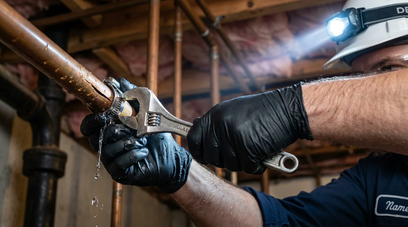 Emergency pipe clamp repair being performed by a Johns Plumbing LLC plumber in Urbana