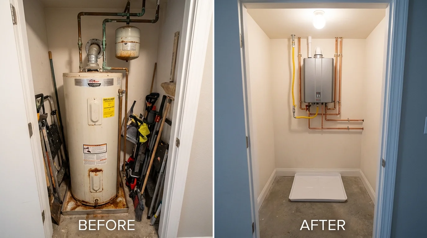 Tank water heater versus wall-mounted tankless unit comparison for Urbana, IA homeowners