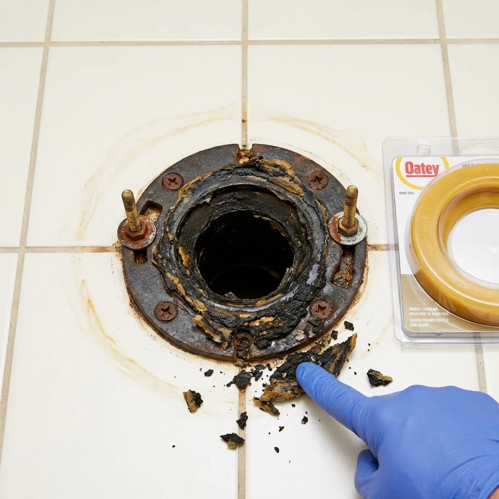 Failed wax ring showing water seepage at the base of a toilet in a Urbana, IA home