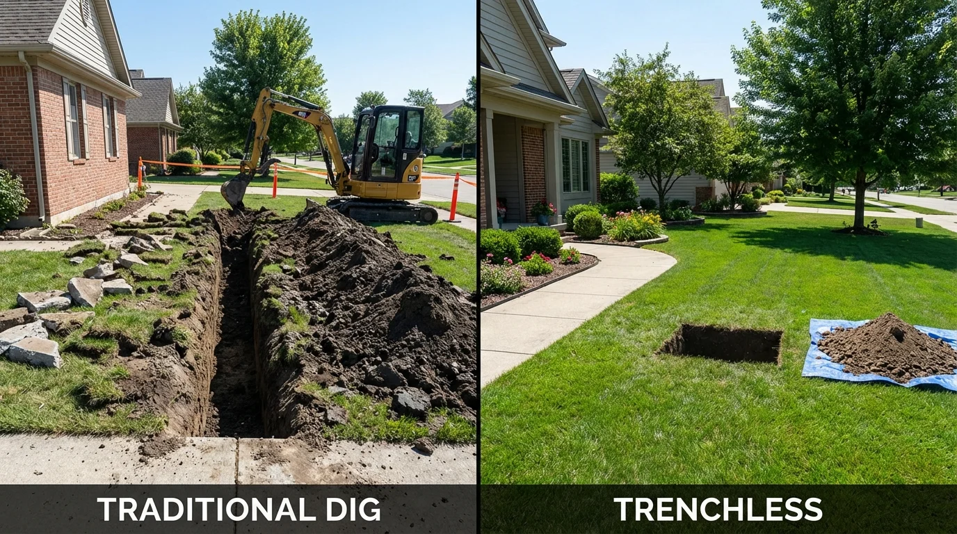 Trenchless sewer repair with minimal yard damage versus traditional excavation in Urbana, IA