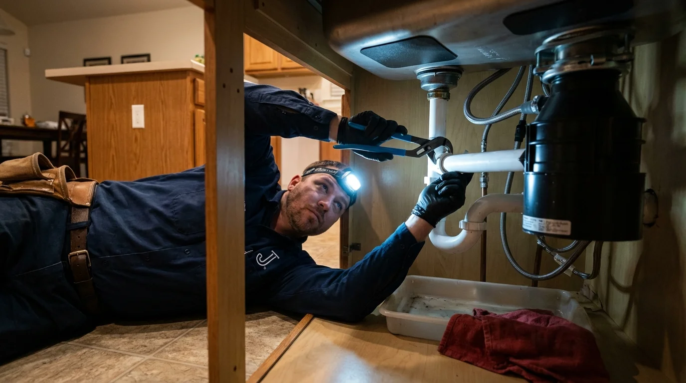 P-trap and supply line connections under a kitchen sink showing a common leak point in Urbana, IA